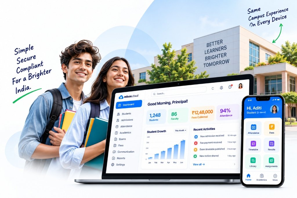 EduOS Cloud — Simple, Secure, Compliant education platform with dashboard and mobile app for Indian schools and colleges
